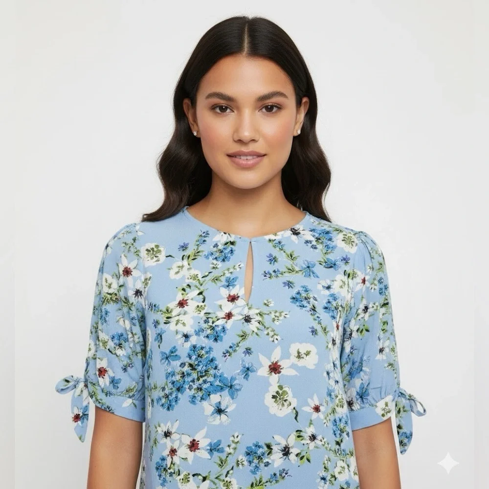 Banana Republic Floral Keyhole Peplum Top In Light Blue With Tie Sleeves